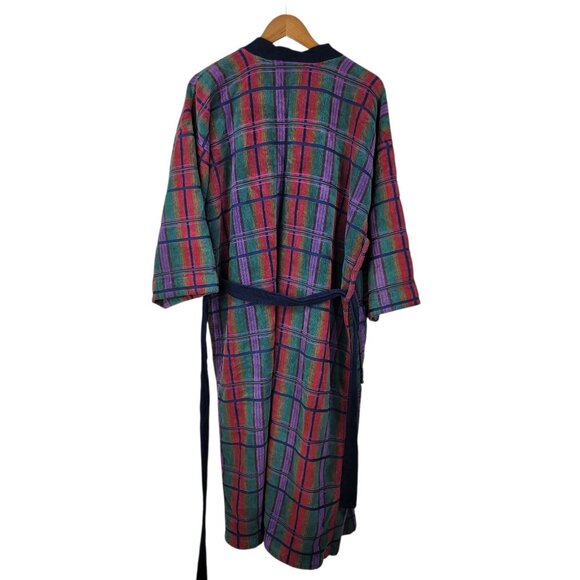 Vintage Sears Terry Cloth Robe Men One Size Medium Large XL Plaid Teal Purple - Picture 3 of 8